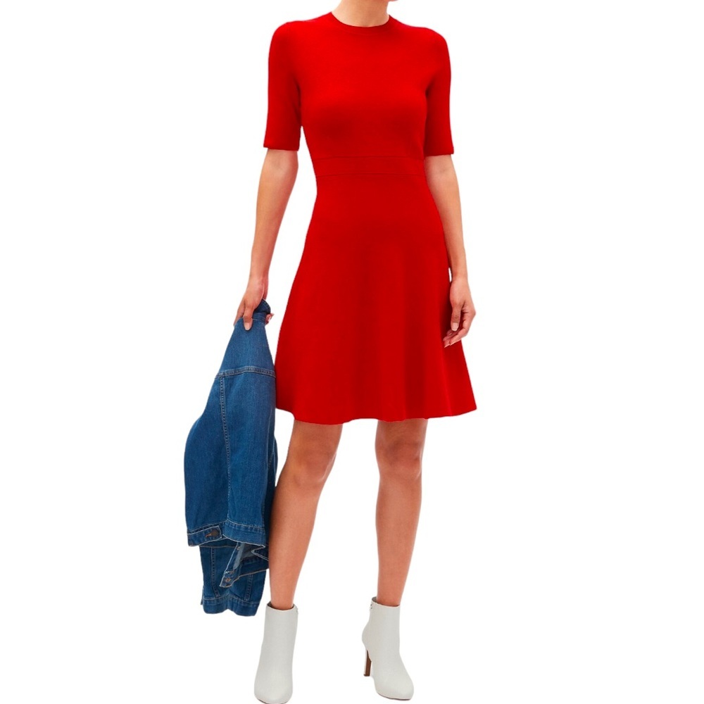 Banana Republic red ribbed textured fit and flair A-line sweater dress, …